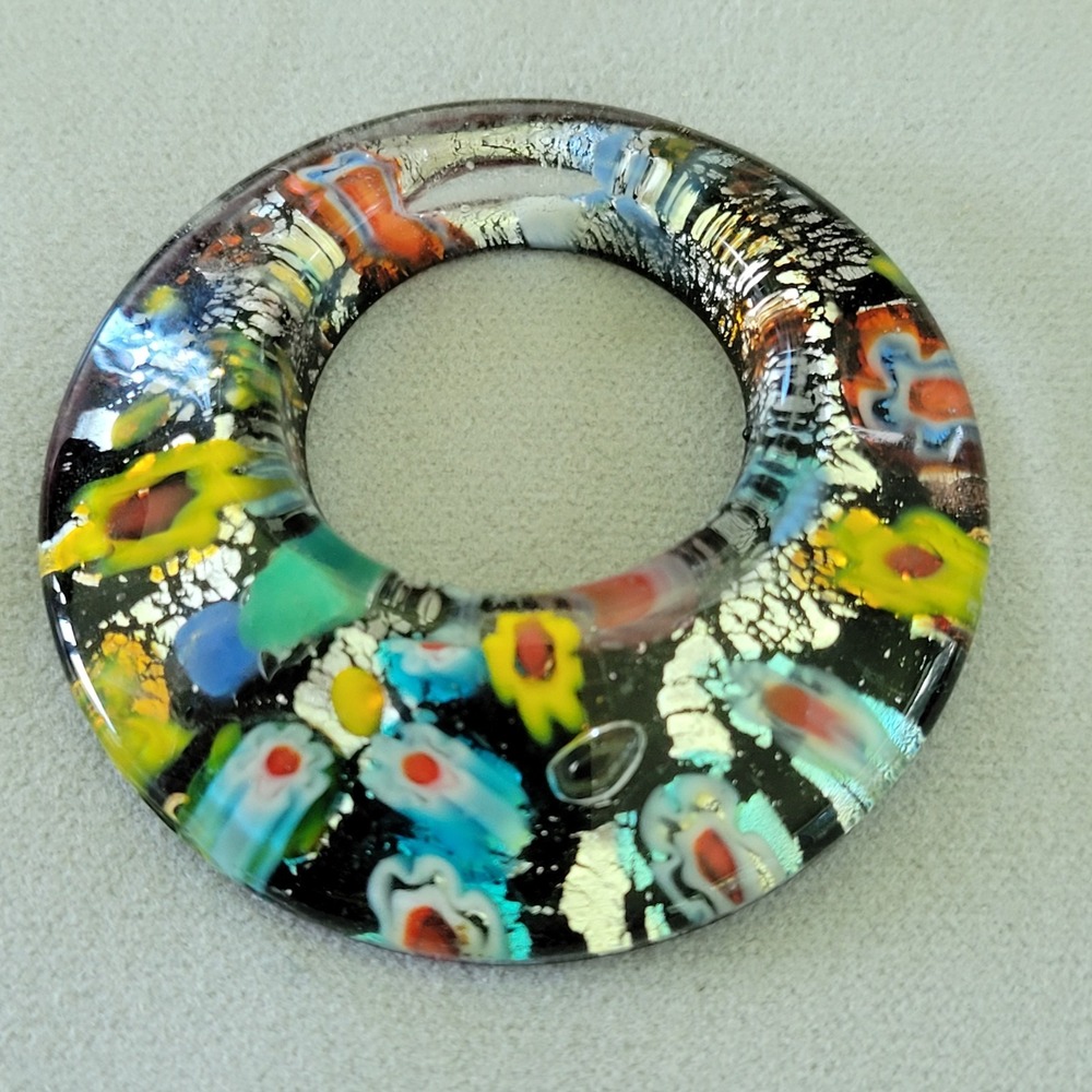 Vintage Venetian Millefiori Silver Foil Glass Donut Pendant 21.67g